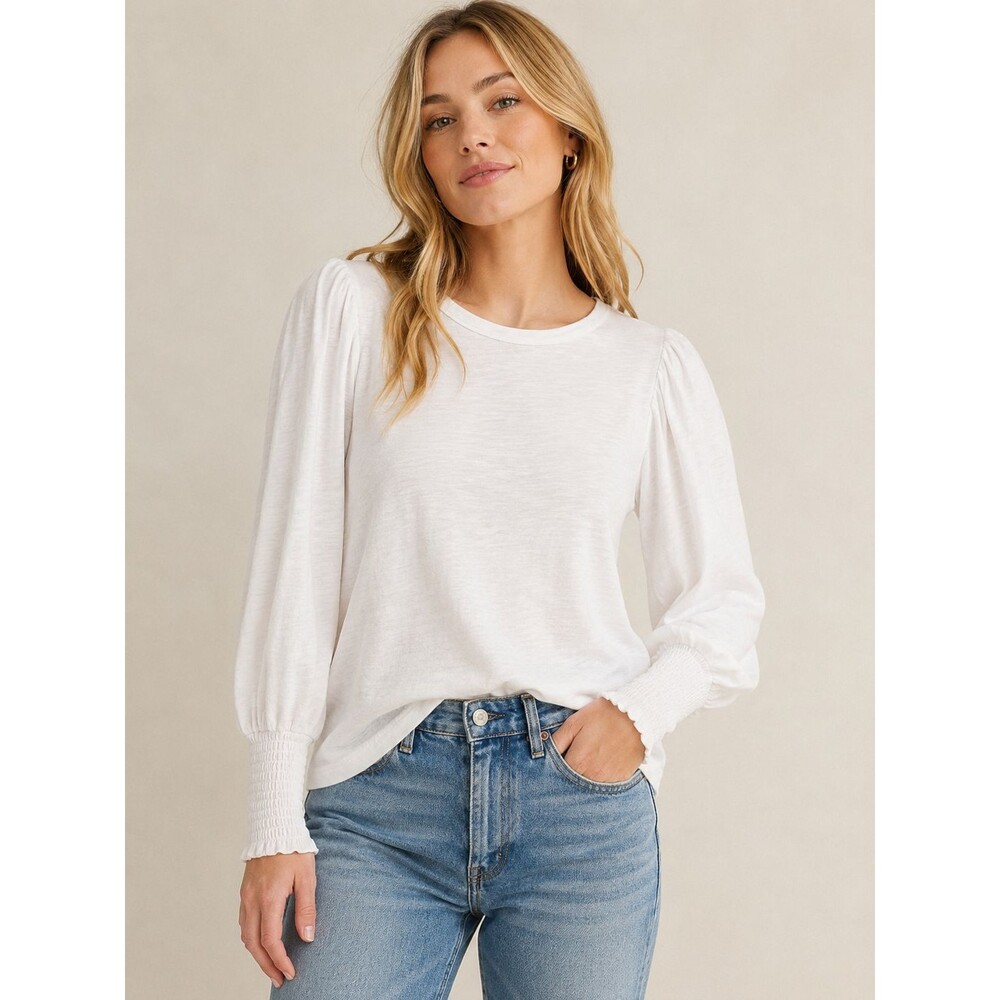 Nation LTD White Puff Sleeve Peasant Top Smocked Cuff Cotton Blouse Women’s S